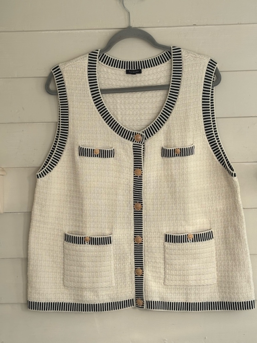 Talbots Plaited Trim Ivory and Blue Cotton Sweater Vest Size XL